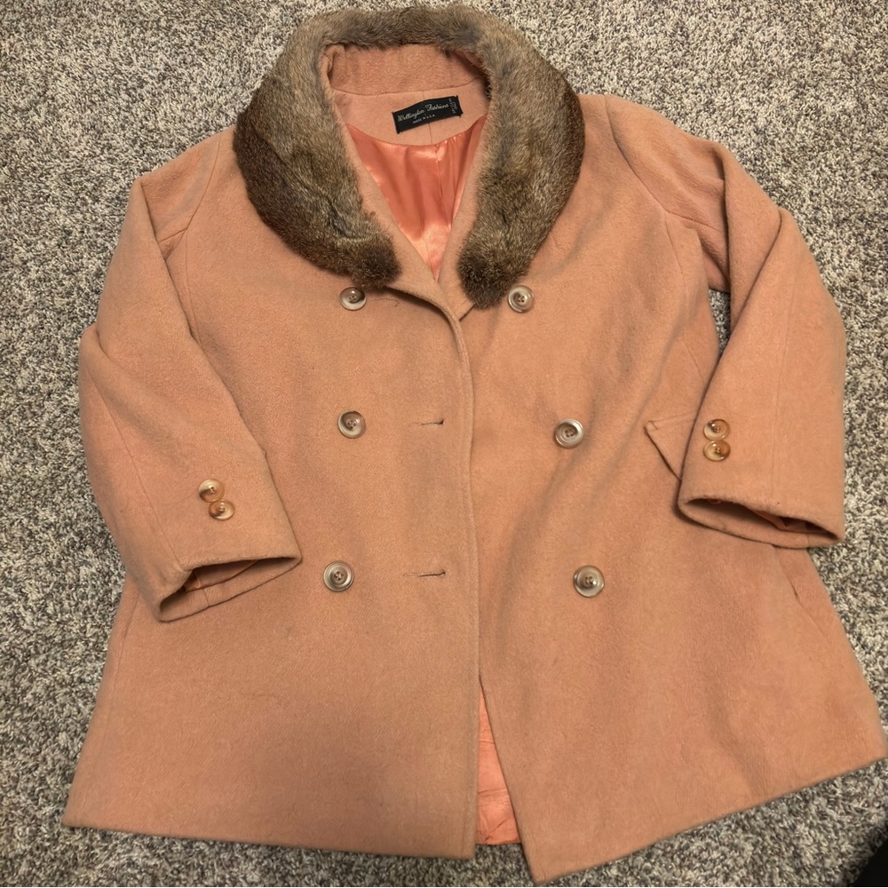 Vintage Peach Double-Breasted Pea Coat with Faux Fur Collar